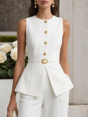 Women White Buckle Crew Neck Sleeveless Top With Pants Two-Piece Set