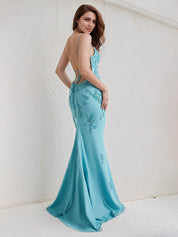 Aqua Blue Chiffon Trumpet/Mermaid Spaghetti Straps Sleeveless Floor Length Bridesmaid Dress