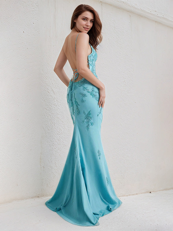 Aqua Blue Chiffon Trumpet/Mermaid Spaghetti Straps Sleeveless Floor Length Bridesmaid Dress