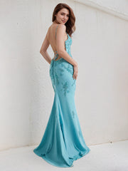 Aqua Blue Chiffon Trumpet/Mermaid Spaghetti Straps Sleeveless Floor Length Bridesmaid Dress