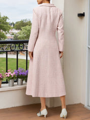 Pink Buckle Tweed Pointed Collar Long Sleeve A-Line Midi Dress