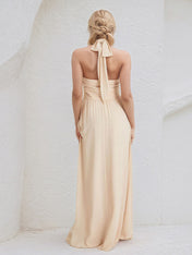 Champagne Chiffon A Line Halter Neck Floor Length Bridesmaid Dress