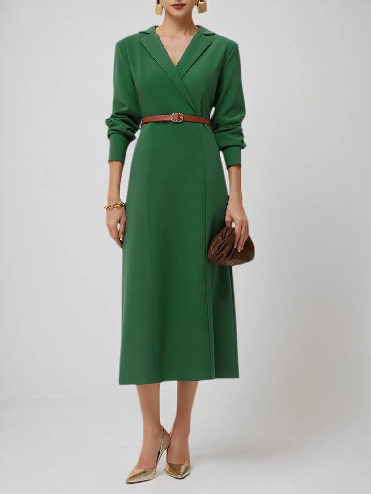 Green Lapel Collar Long Sleeve Sheath/Column Shirt Midi Dress