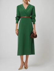 Green Lapel Collar Long Sleeve Sheath/Column Shirt Midi Dress