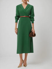 Green Lapel Collar Long Sleeve Sheath/Column Shirt Midi Dress