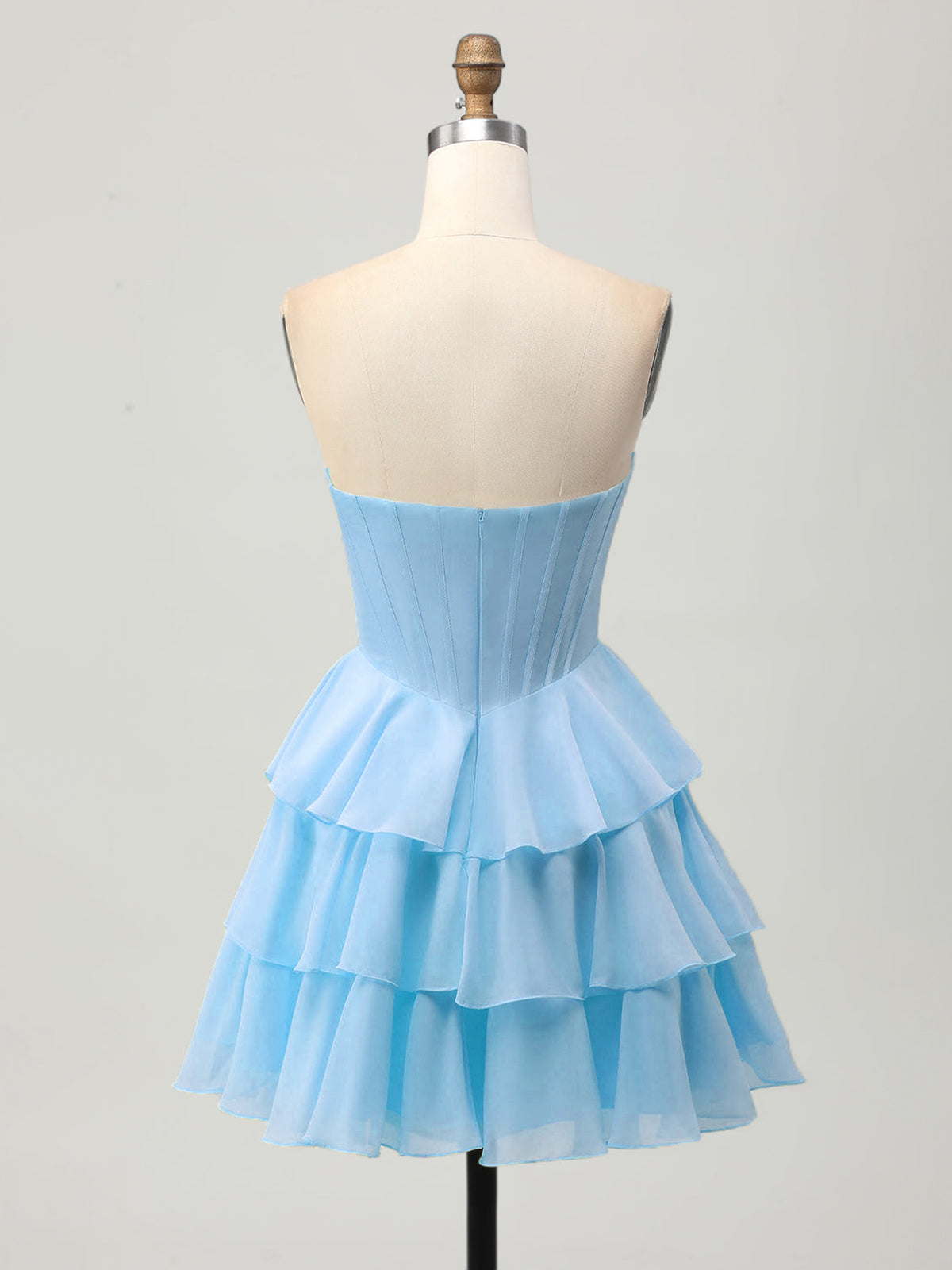 Blue A Line Strapless Tiered Corset Beaded Homecoming Dress