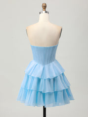 Blue A Line Strapless Tiered Corset Beaded Homecoming Dress