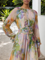 Pink Floral Ruched Chiffon Crew Neck Long Sleeve Puff Sleeve A-Line Maxi Dress