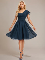 Dark Navy A-Line One Shoulder Knee-Length Chiffon Bridesmaid Dress With Ruffle
