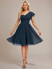Dark Navy A-Line One Shoulder Knee-Length Chiffon Bridesmaid Dress With Ruffle