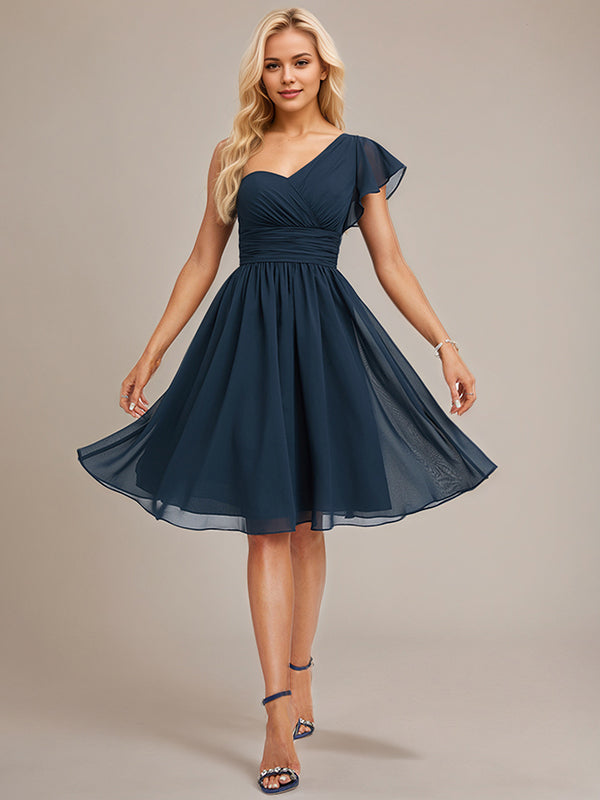 Dark Navy A-Line One Shoulder Knee-Length Chiffon Bridesmaid Dress With Ruffle