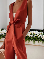 Women Red Sleeveless V Neck Bow Wide-Leg Jumpsuit