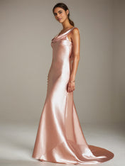 Blush Pink Satin Sheath/Column Asymmetrical Sleeveless Floor Length Bridesmaid Dress