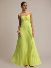 Green Chiffon A Line Off The Shoulder Sleeveless Floor Length Pleated Dress