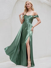 Sea Glass Satin A Line Off the Shoulder Sleeveless Floor Length Bridesmaid Dress