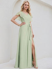Celadon Chiffon A Line V Neck Ruffle Sleeves Floor Length Bridesmaid Dress