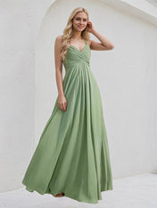 Basil A-Line V-Neck Floor-Length Chiffon Bridesmaid Dress With Ruffle