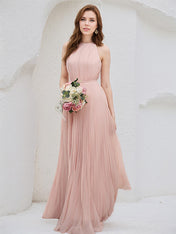 Blush Pink Chiffon A Line Halter Neck Sleeveless Floor Length Bridesmaid Dress