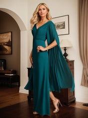 Peacock Chiffon V Neck Cape Sleeves Floor Length Dress With Pleated