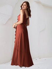 Rust Chiffon A Line Spaghetti Straps Sleeveless Floor Length Bridesmaid Dress