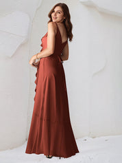 Rust Chiffon A Line Spaghetti Straps Sleeveless Floor Length Bridesmaid Dress