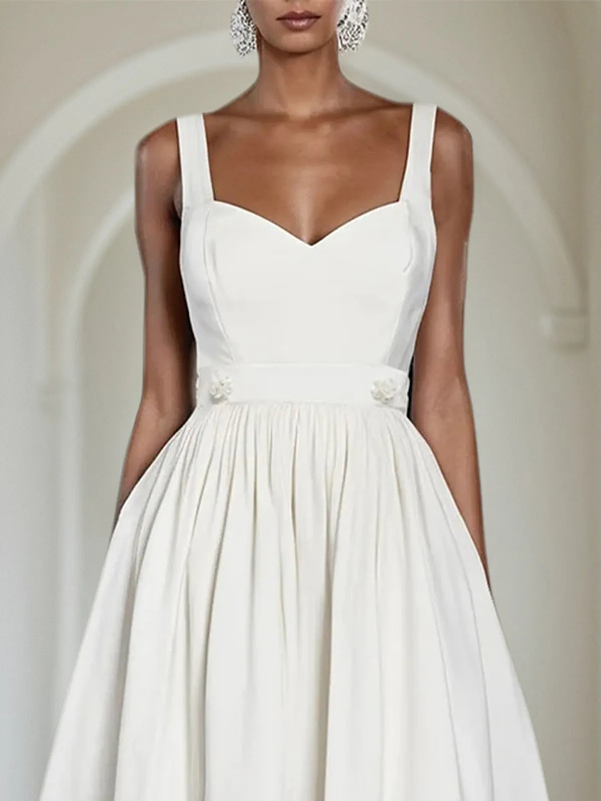 White Lace Beaded Spaghetti Sleeveless A-Line Midi Dress