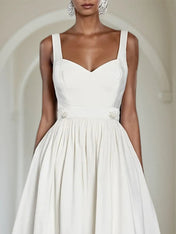 White Lace Beaded Spaghetti Sleeveless A-Line Midi Dress
