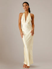 Yellow Satin Sheath/Column V Neck Sleeveless Floor Length Bridesmaid Dresses