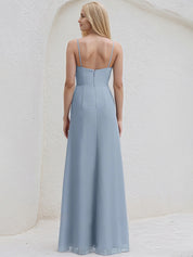 Dusty Blue Chiffon A Line Spaghetti Straps Sleeveless Floor Length Bridesmaid Dress With Slit