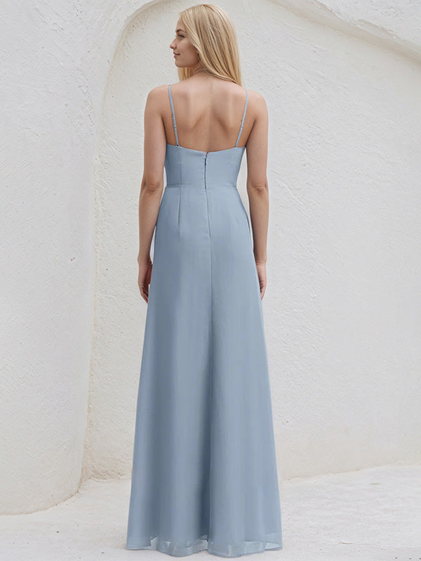 Dusty Blue Chiffon A Line Spaghetti Straps Sleeveless Floor Length Bridesmaid Dress With Slit