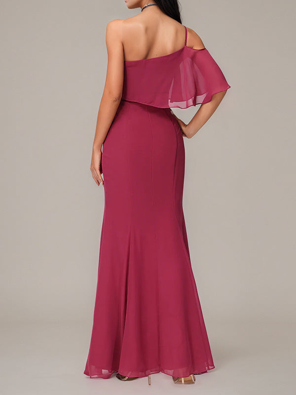 Mulberry Sheath/Column Chiffon One Shoulder Sleeveless Floor-Length Bridesmaid Dresses