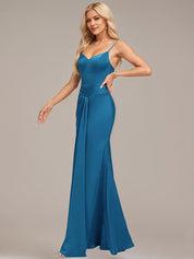 Trumpet/Mermaid Spaghetti Straps Floor-Length Satin Bridesmaid Dress With Ruffle