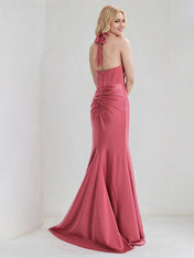 Rose Satin Sheath/Column Halter Neck Sleeveless Floor Length Bridesmaid Dress