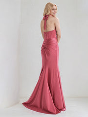 Rose Satin Sheath/Column Halter Neck Sleeveless Floor Length Bridesmaid Dress