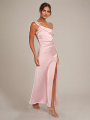 Pale Pink Satin Sheath/Column One Shoulder Ankle Length Bridesmaid Dresses