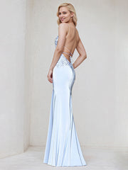Sky Blue Satin Trumpet/Mermaid Spaghetti Straps Sleeveless Floor Length Bridesmaid Dress