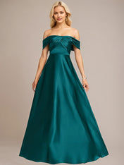 Peacock A-Line Off the Shoulder Floor-Length Satin Bridesmaid Dress