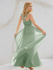 Sage Chiffon A Line V Neck Sleeveless Floor Length Bridesmaid Dresses