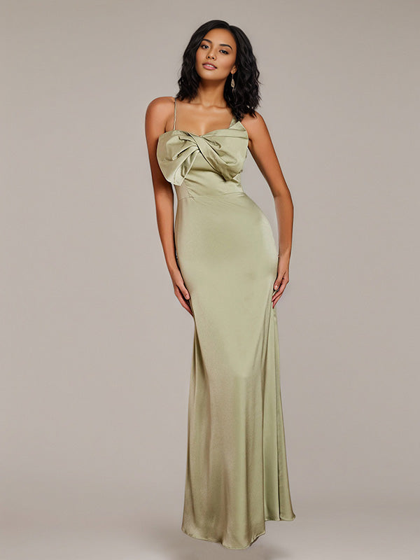 Dusty Sage Sheath/Column Satin Spaghetti Straps Sleeveless Floor-Length Bridesmaid Dresses
