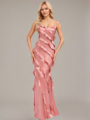 Blush Sheath/Column Spaghetti Straps Floor Length Satin Bridesmaid Dress Ruffle