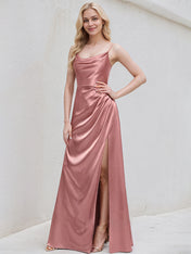 Mauve Satin A Line Spaghetti Straps Sleeveless Floor Length Bridesmaid Dress