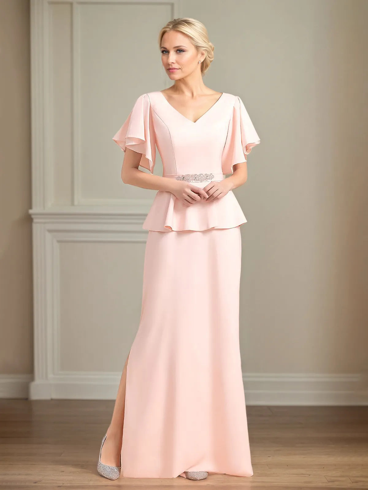 Chiffon V Neck Short Sleeves Floor Length Pleated Mother of the Bride Dresses With Ruffles