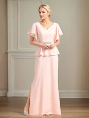 Chiffon V Neck Short Sleeves Floor Length Pleated Mother of the Bride Dresses With Ruffles