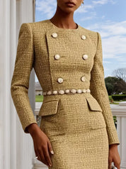 Khaki Buckle Crew Neck Long Sleeve Sheath Midi Tweed Blazer Dress