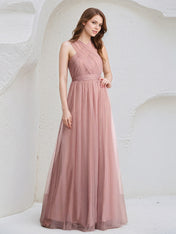 Dusty Rose A-Line Halter Neck Floor-Length Tulle Bridesmaid Dress