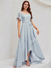 Ice Blue Chiffon A Line Square Neck Short Sleeves Asymmetrical Bridesmaid Dress