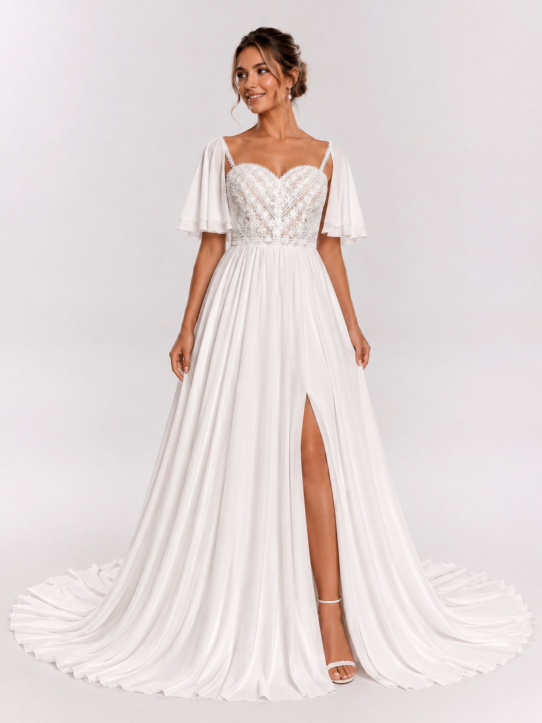 Elegant Sweetheart Lace Bodice Chiffon A-line Wedding Dress with Flutter Sleeves and High Slit
