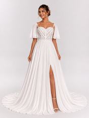 Elegant Sweetheart Lace Bodice Chiffon A-line Wedding Dress with Flutter Sleeves and High Slit