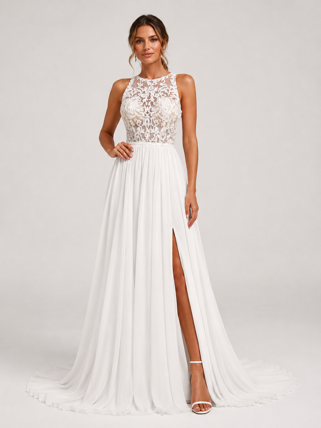 Elegant High-Neck Lace Bodice Chiffon A-Line Wedding Dress with High Slit and Chapel Train