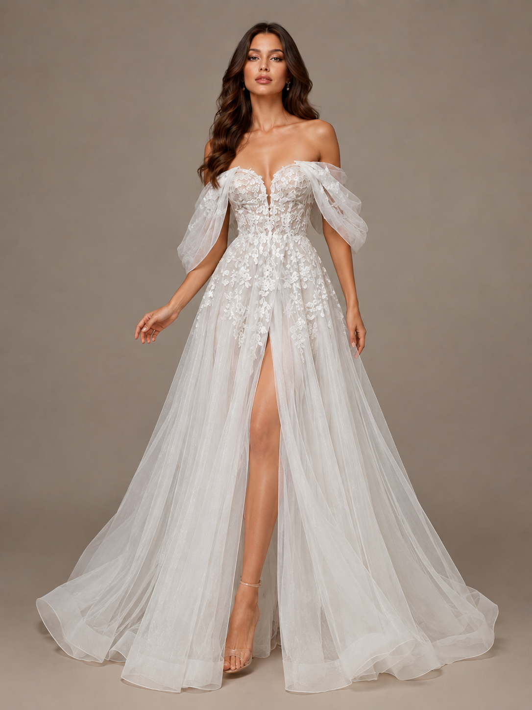 Off-The-Shoulder Sweetheart Lace Long Wedding Dresses with High Slit and Court Train